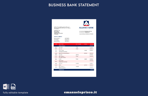 stile verificato Modello Word e PDF dell'estratto conto aziendale di Alliance Ba